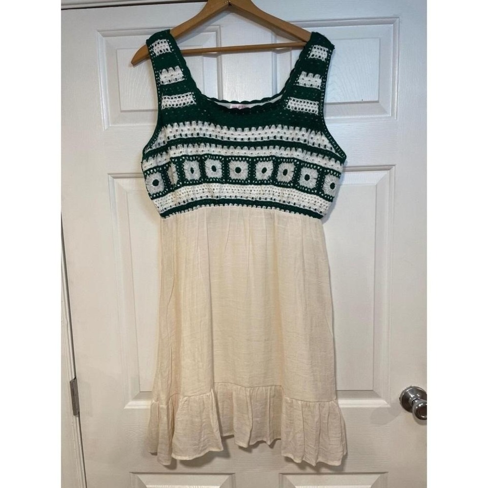 JR XL Crochet Granny Square Short‎ Dress Sleeveless Green White Tank Ana & Rose